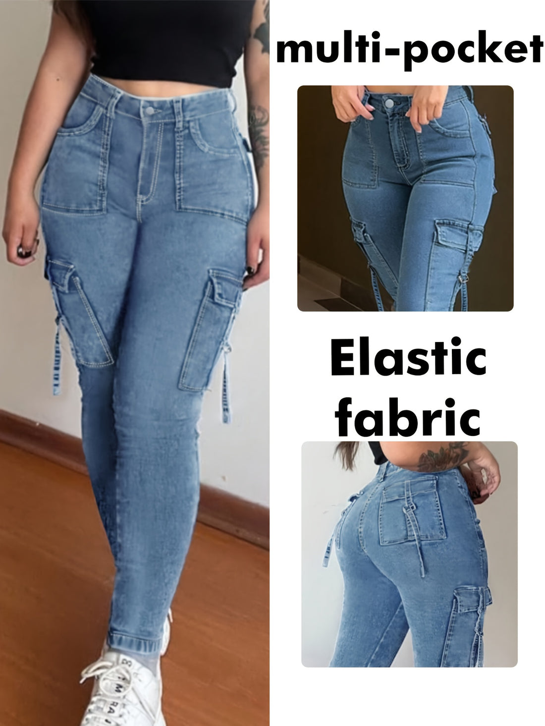 Women's High-Waist Stretchy Black Cargo Pants with Multiple Pockets -/MH