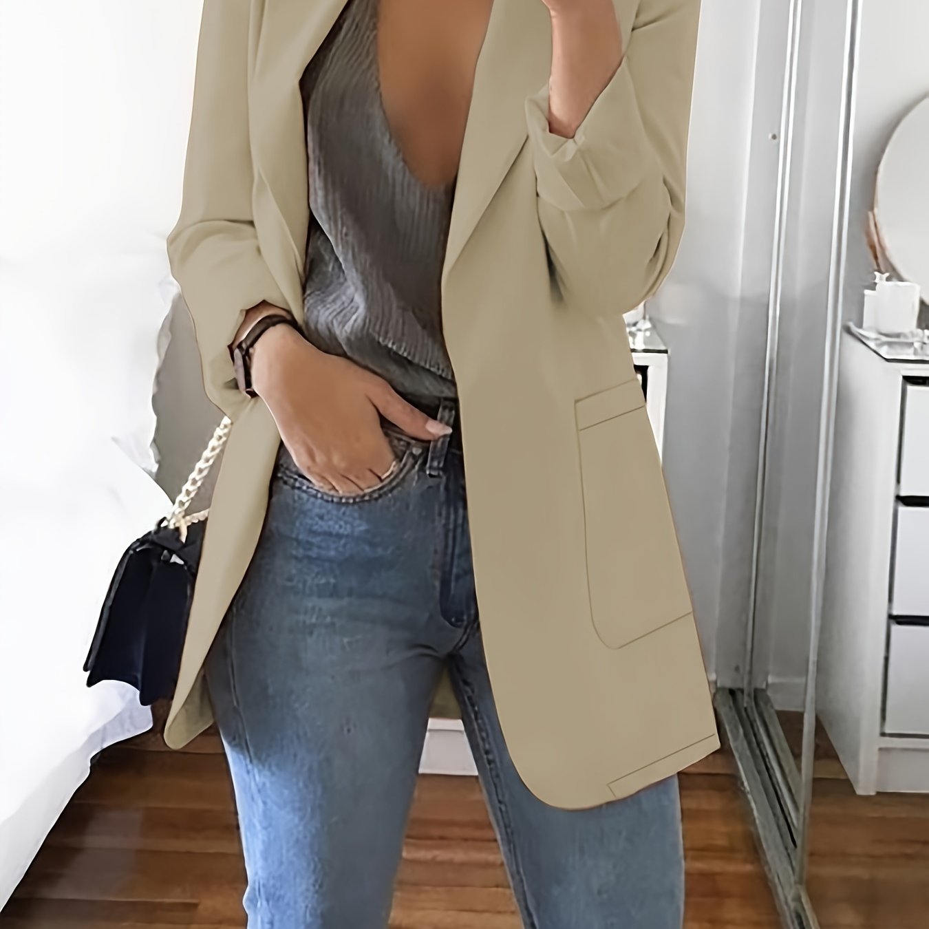 Solid Open Front Blazer, Elegant Lapel Long Sleeve Blazer.