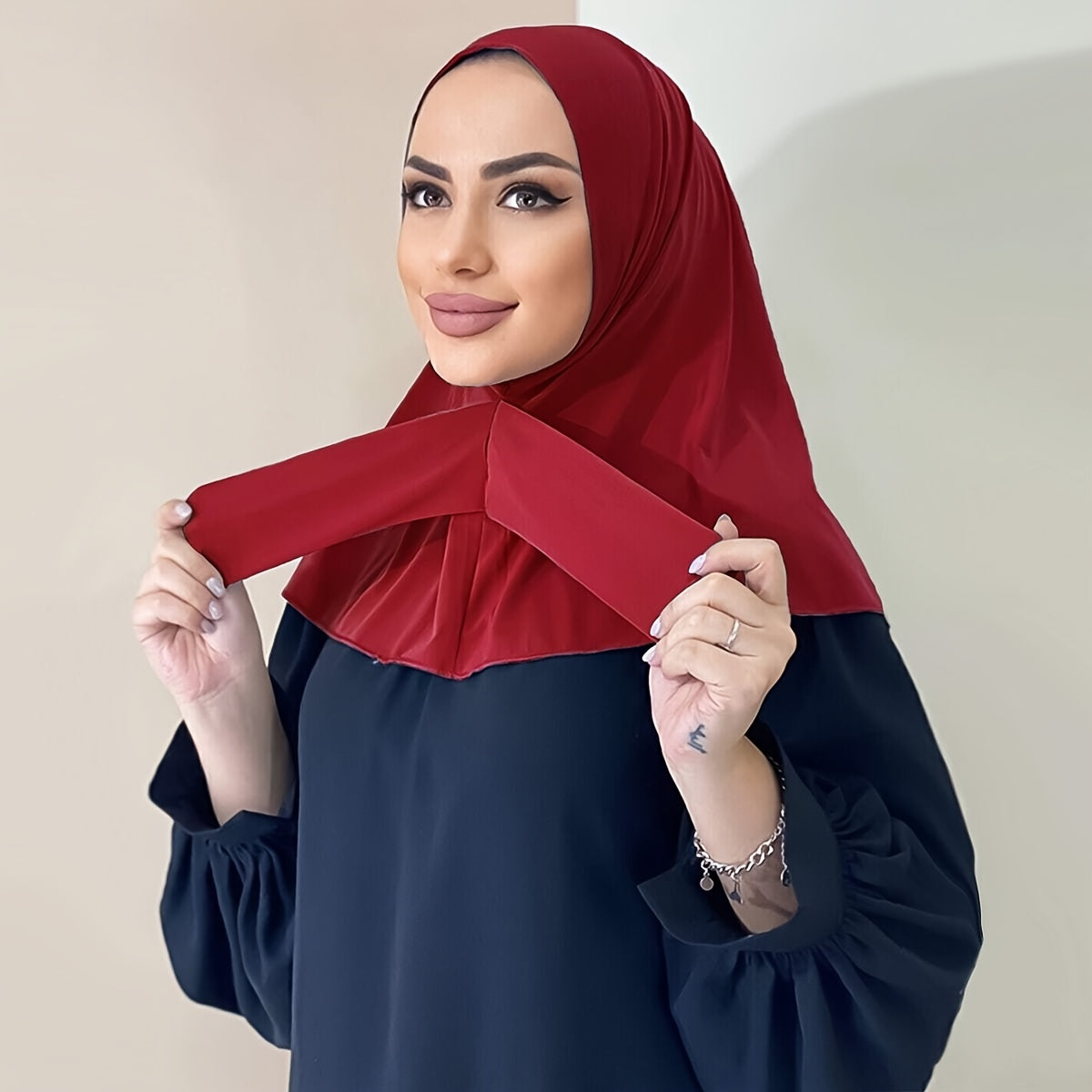 Solid Color Hijab Snap Button Adjustable Headscarf Casual Elastic '/MH