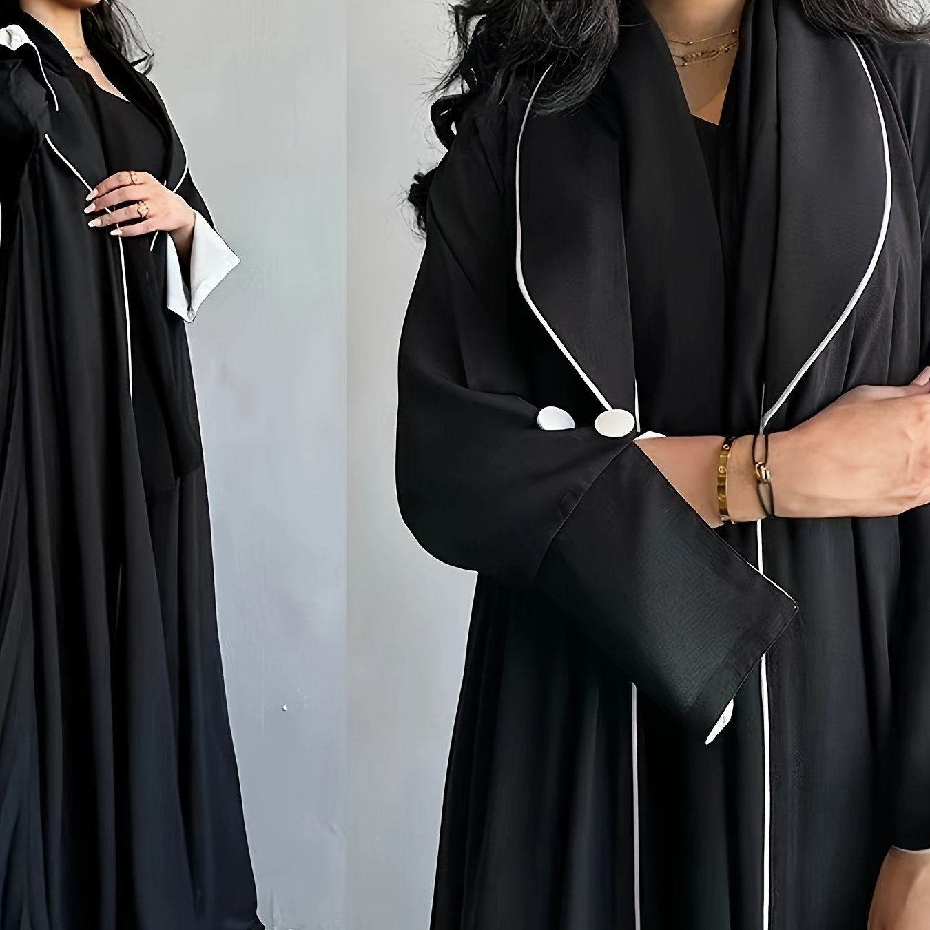 Contrast Trim Lapel Neck Abaya Dress, Elegant Open Front Long Sleeve ./ MH