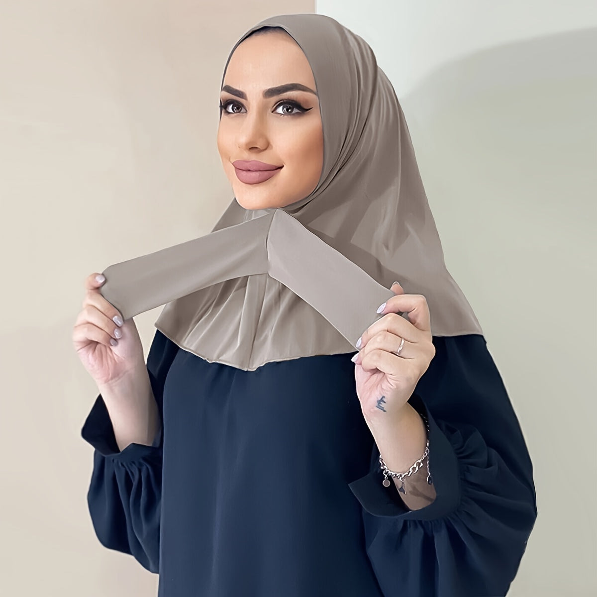 Solid Color Hijab Snap Button Adjustable Headscarf Casual Elastic '/MH