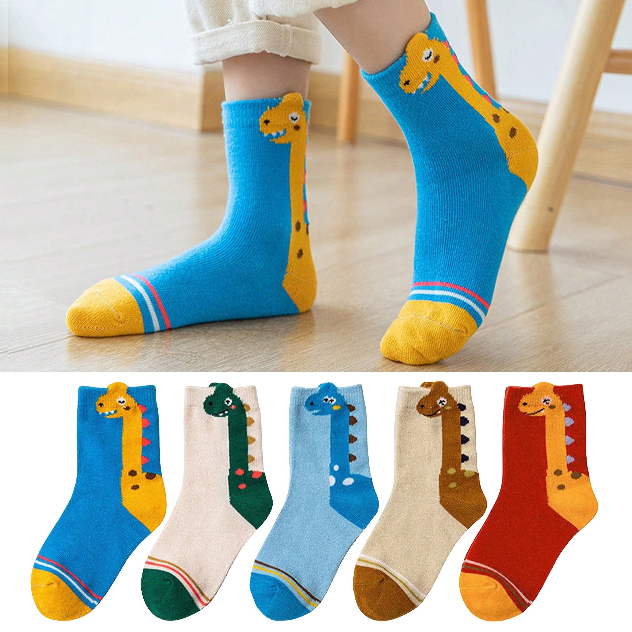 Cartoon Green Dino Pattern 5 Pairs Boy's Short Crew Socks,/MH