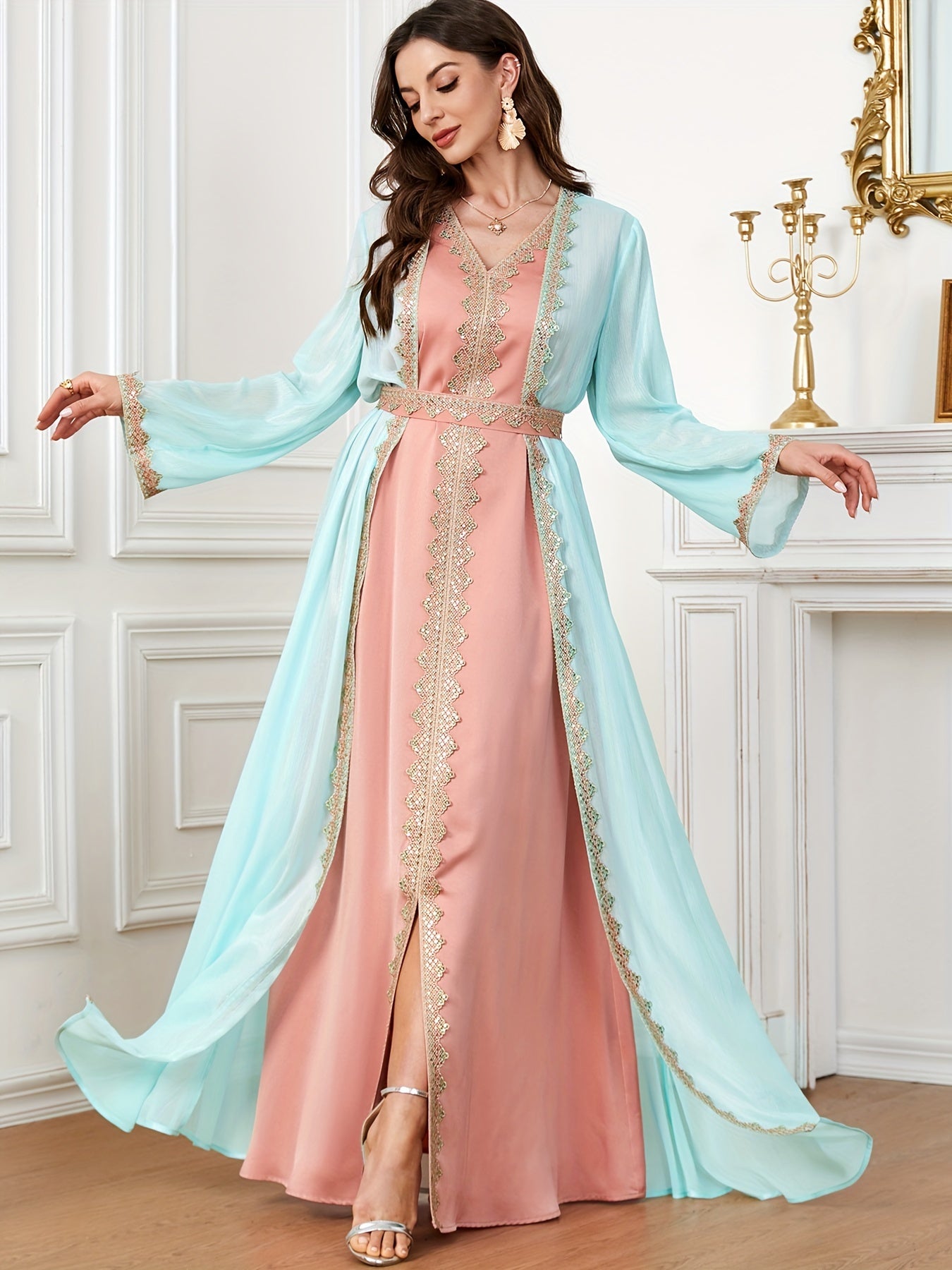 Contrast Lace Long Sleeve Kaftan Dress, Elegant V Neck '/MH