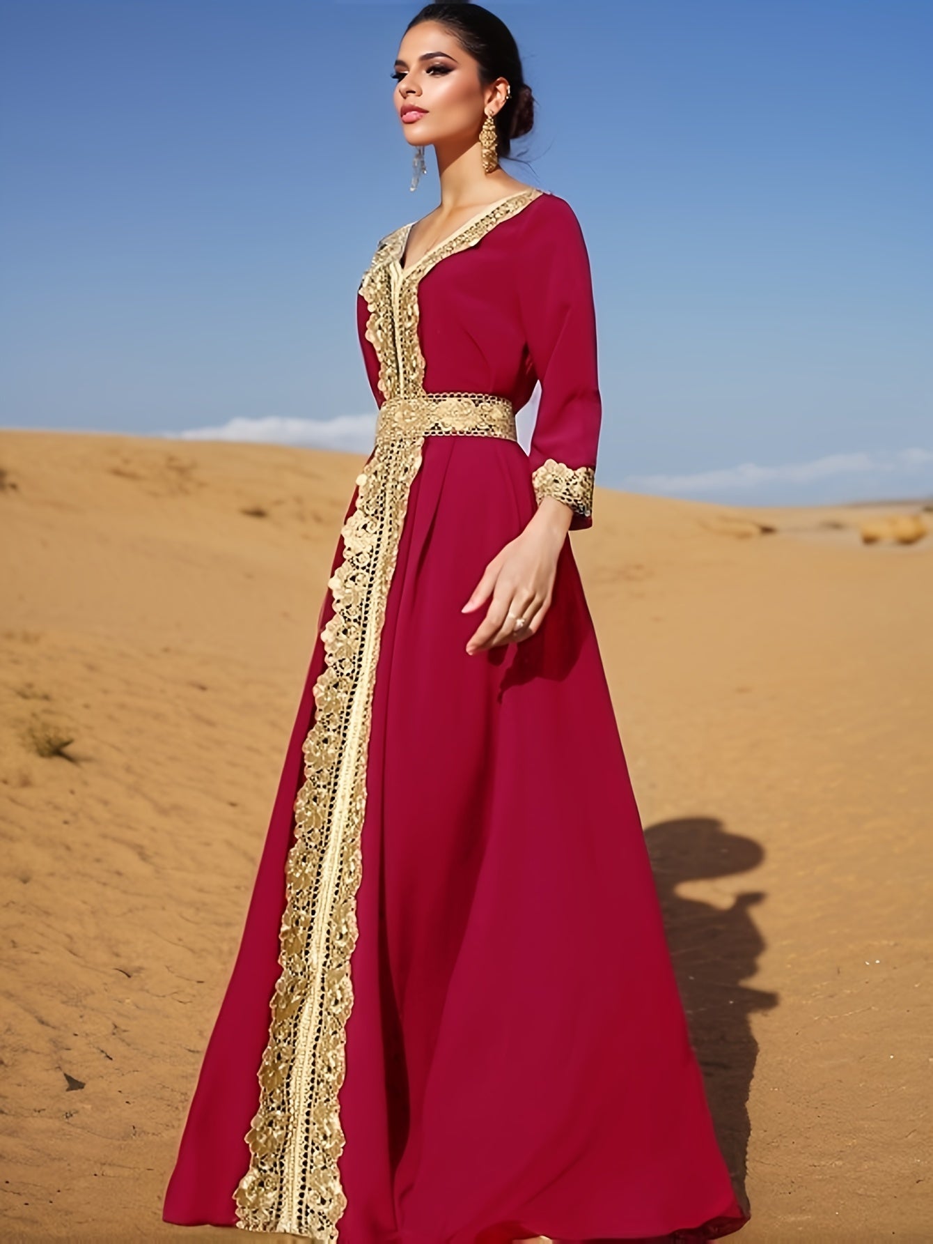 Ramadan Lace Trim V Neck Kaftan, Elegant Long Sleeve 'MH