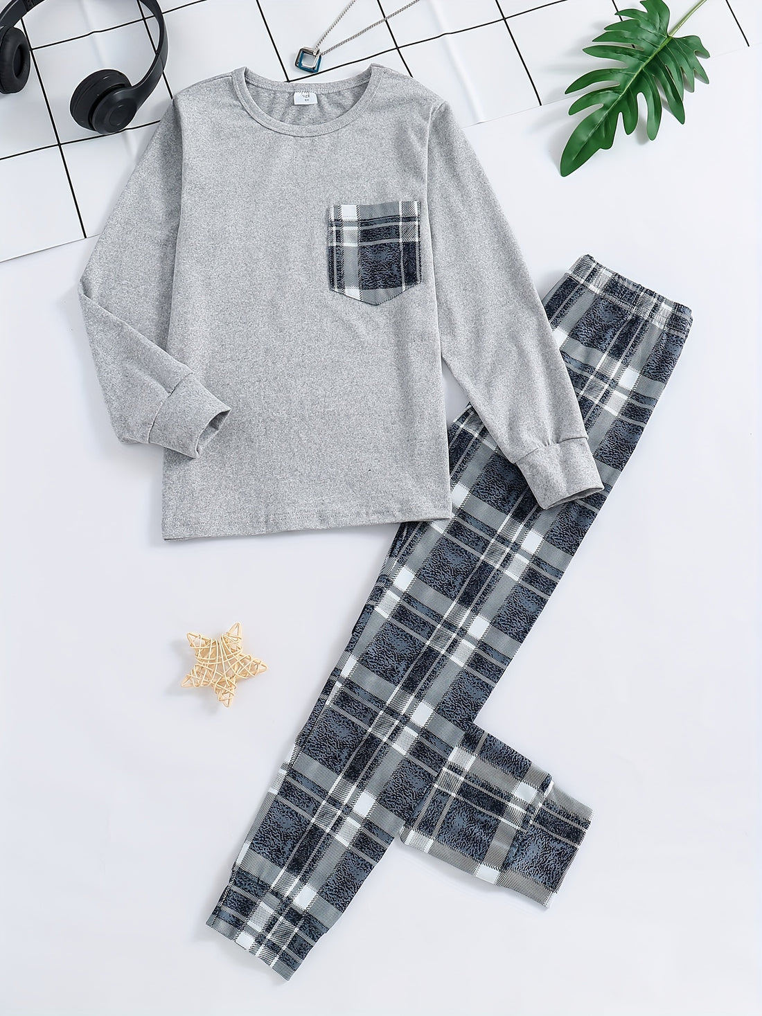 2pcs Plaid Pattern Pajamas For Kids, Pocket Front Long Sleeve Top & Pants Set,