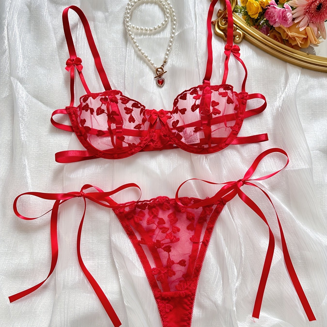 Heart Embroidery Lingerie Set, Mesh Unlined Bra & Strappy Thong,/MH