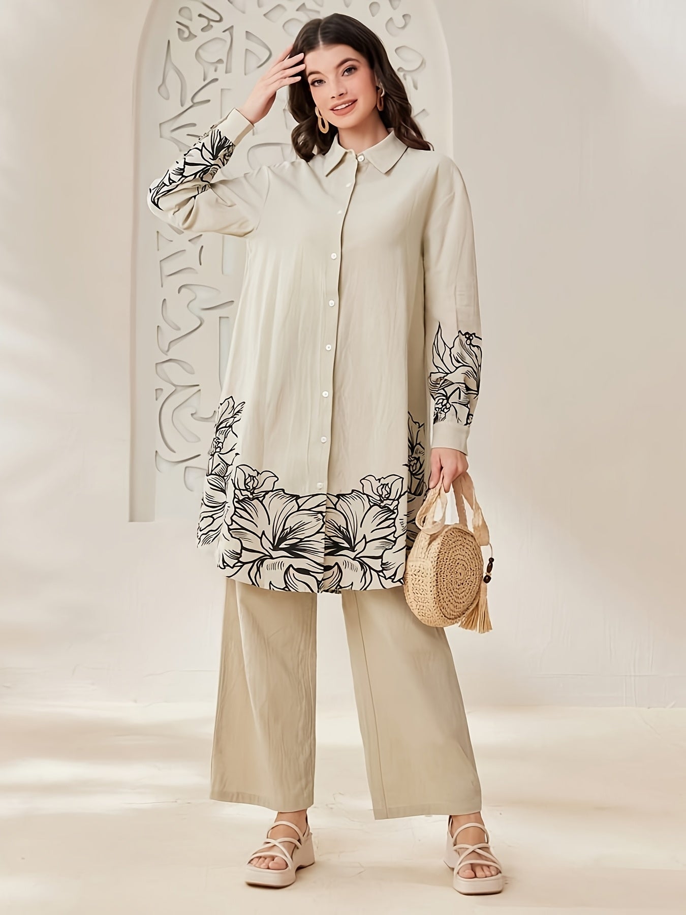 YT309 Women'S Elegant and Fashionable Floral Print Long Sleeve./MH