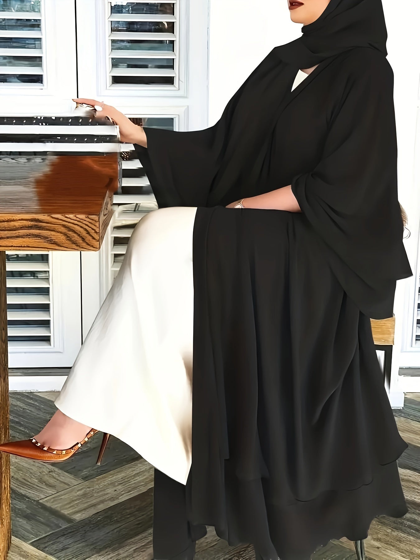 Solid Color Tie Waist Modest Dress, Elegant Layered Hem Maxi '/MH