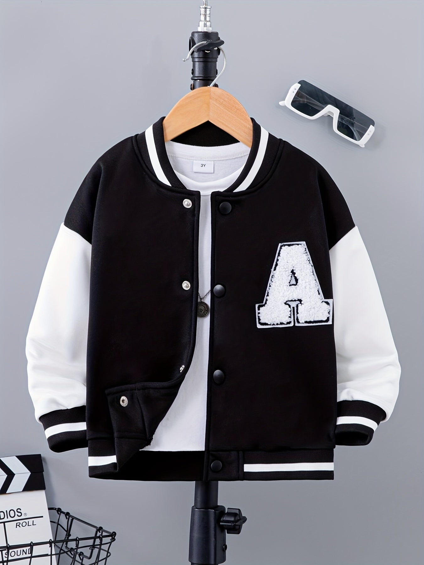 Letter Patched Kid's Baseball Jacket, Button Front Long Sleeve Top,