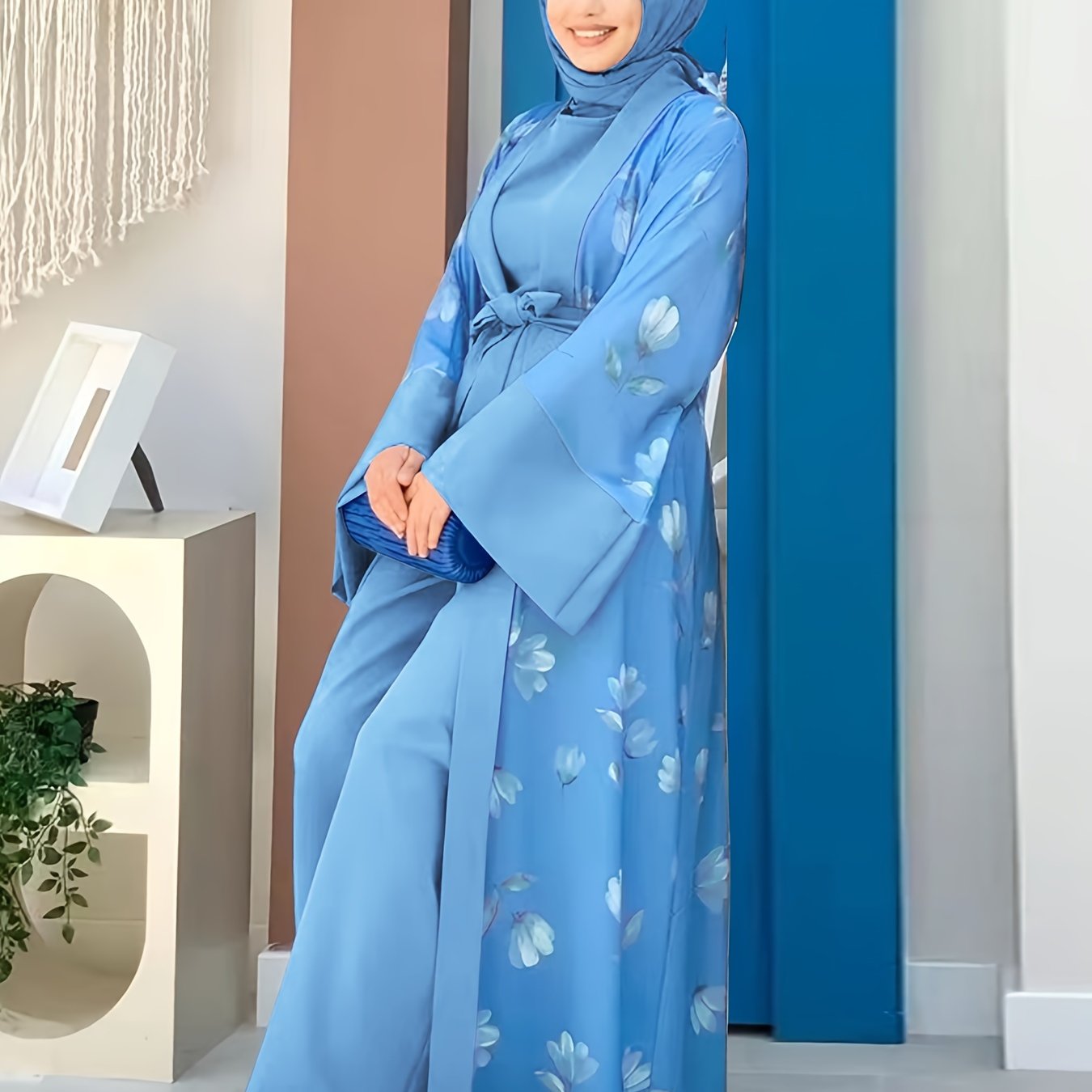 Ethnic Modest Dress Set Without Hijab, Floral Print Long Length leeveless , /MH