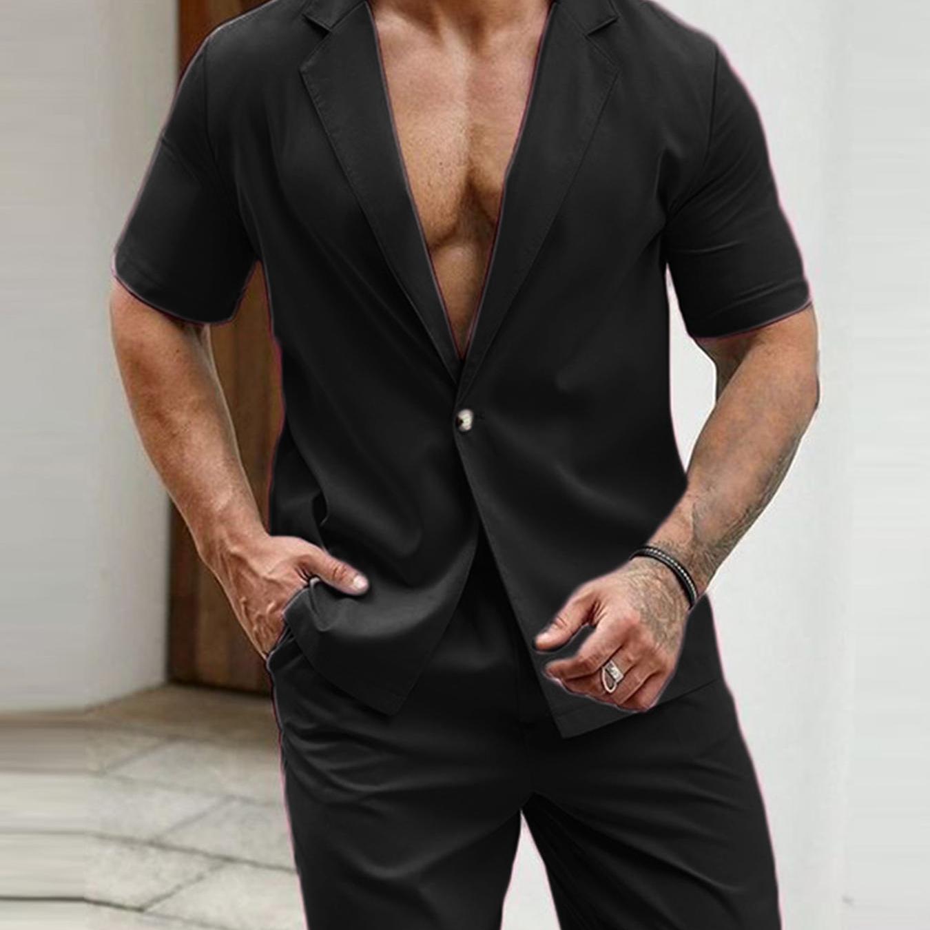 Men's Solid Color Summer Casual Blazer Suit Set, Short Sleeve Lapel Jacket.