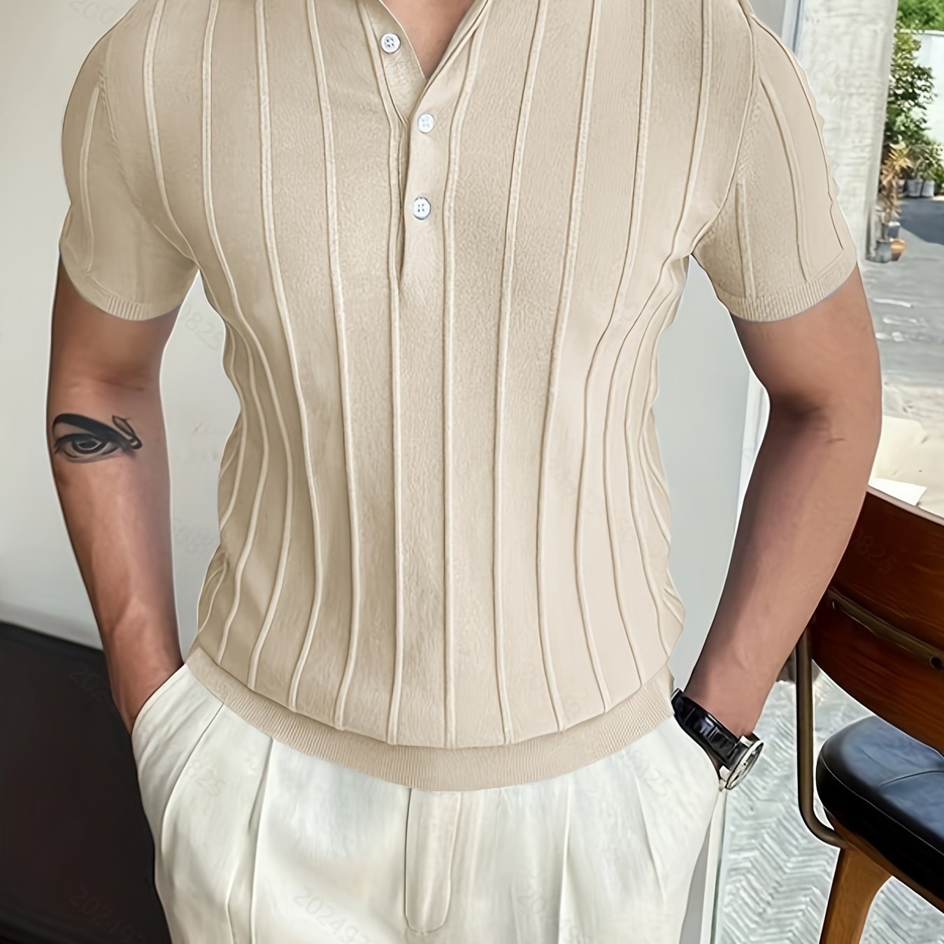 Vertical Striped Chic Shirt, Men's Casual Solid Color High Stretch .