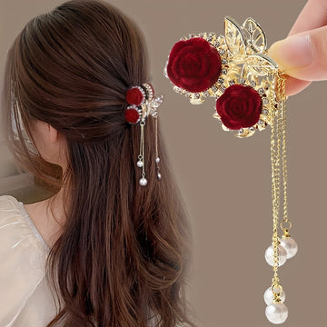 Elegant Red Rose Tassel Rhinestone Small Claw Clip,