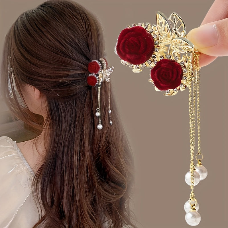 Elegant Red Rose Tassel Rhinestone Small Claw Clip,
