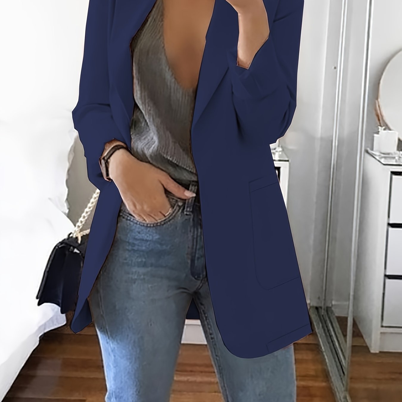 Solid Open Front Blazer, Elegant Lapel Long Sleeve Blazer.