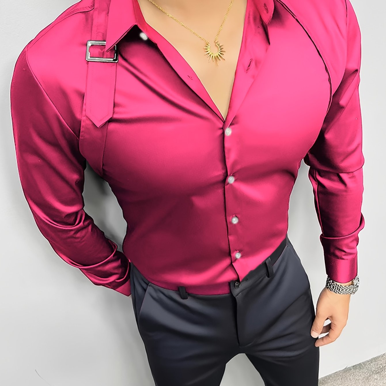 Men's Casual Dress Shirts Skinny Fit Solid Color Long Sleeve .