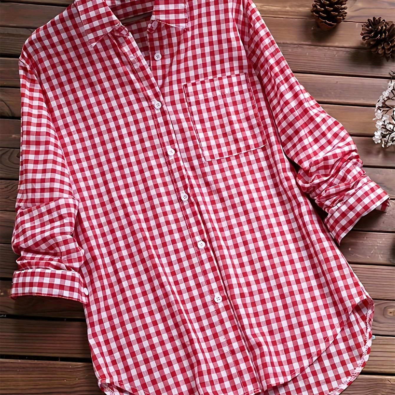Women'S Casual Long Sleeve Gingham Check Shirt - Light Blue & White,