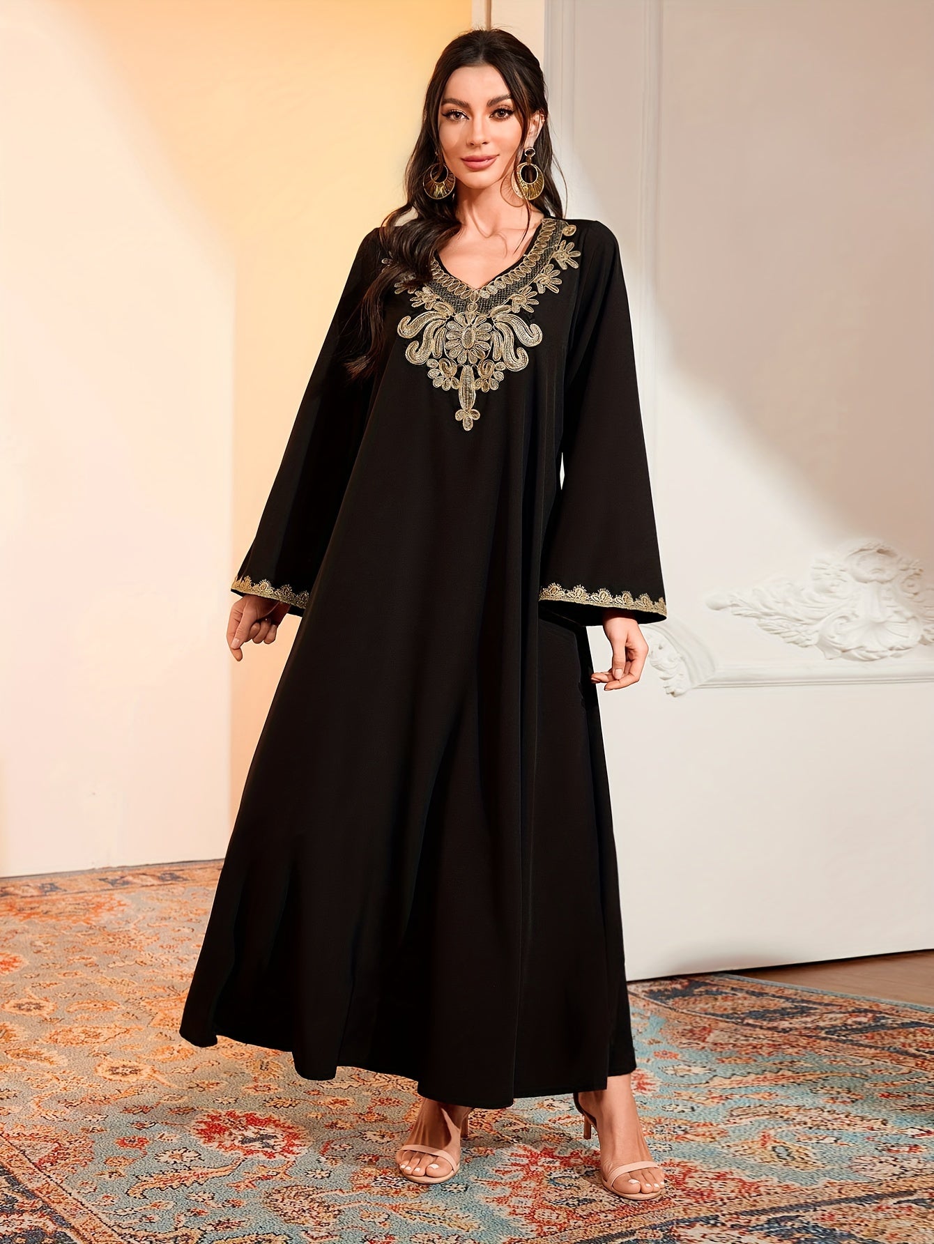 Ramadan Contrast Trim V Neck Kaftan Abayas, /MH