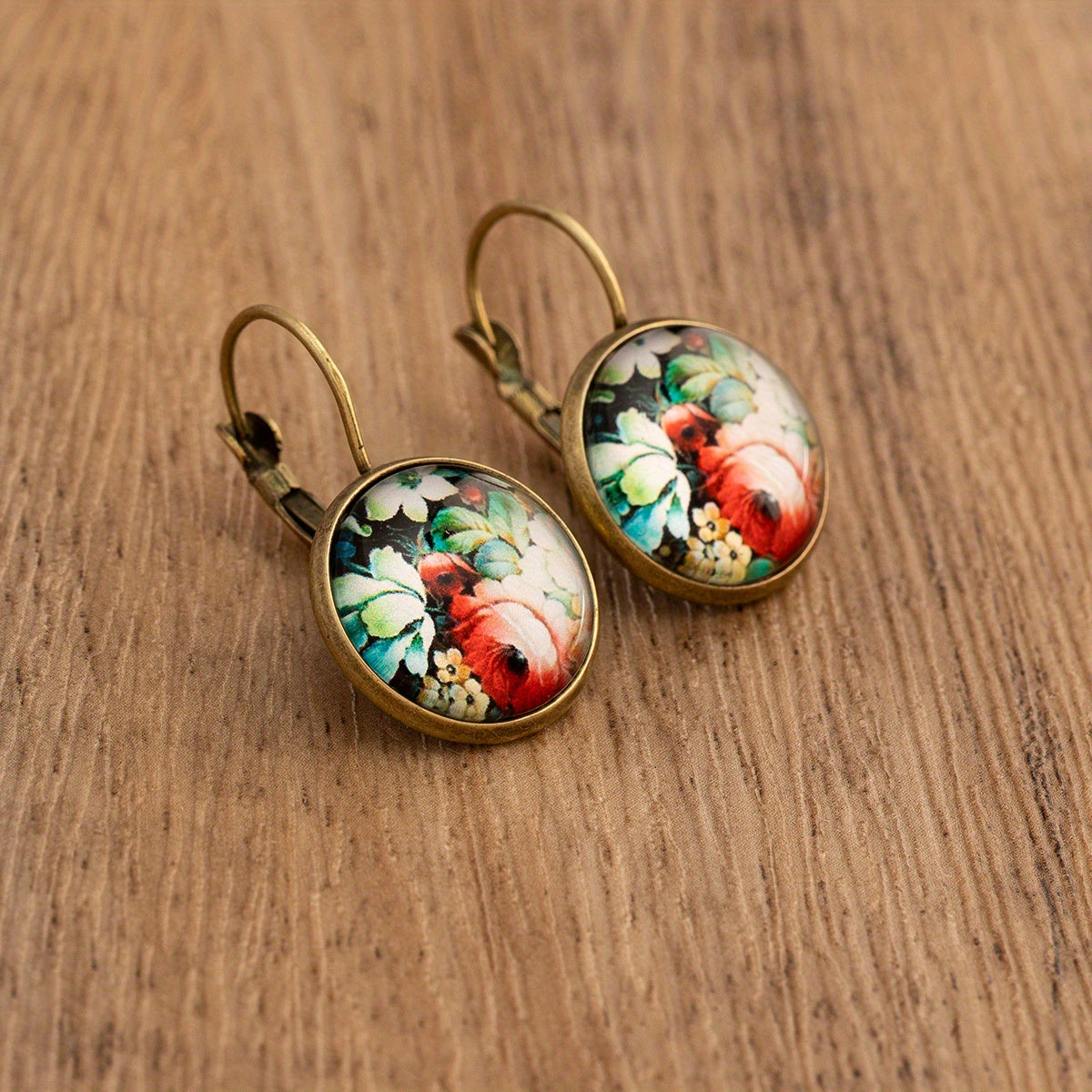 Rose Sunflower Print Retro Round Earrings Copper Jewelry Female Trendy Gift Daily Wear Accessories
