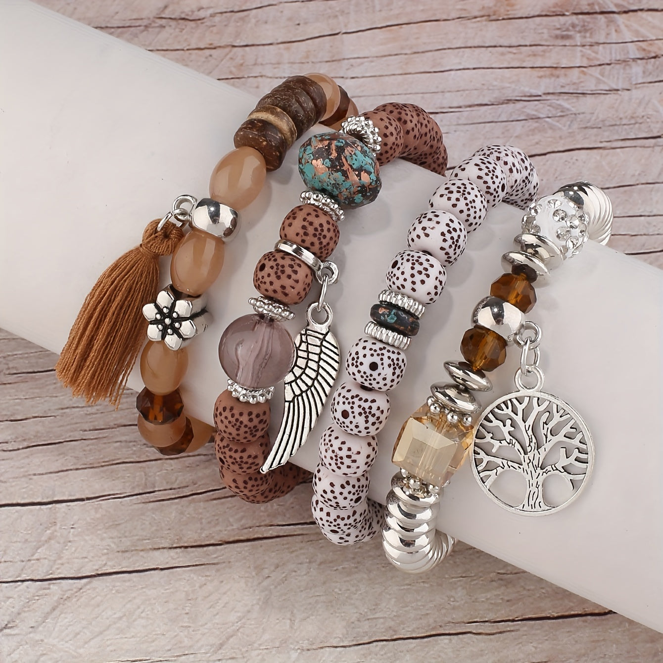 4pcs/set Bohemian Hand String, Tree Of Life Feather Wings Pendant Bracelet, Tassel Couple Handmade Unisex Bracelet, Father's Day Gift