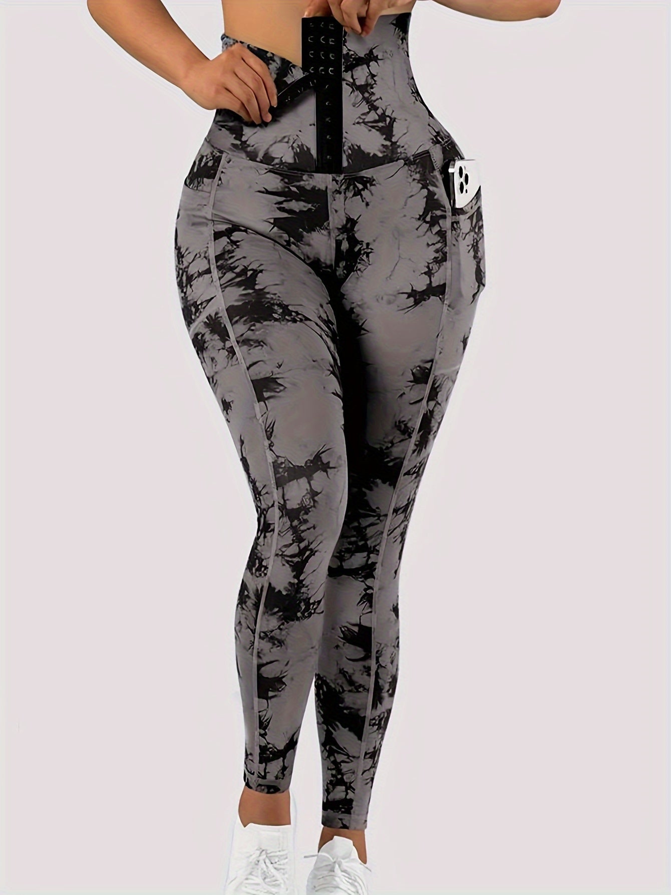 Women'S High-Waist Tie-Dye Yoga Leggings with Front Button Closure & Pockets .