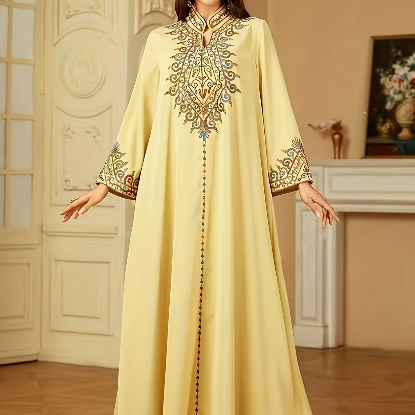 Elegant Light Blue Abaya with Intricate Floral Patterns - Long Sleeve, V-Neck, /MH