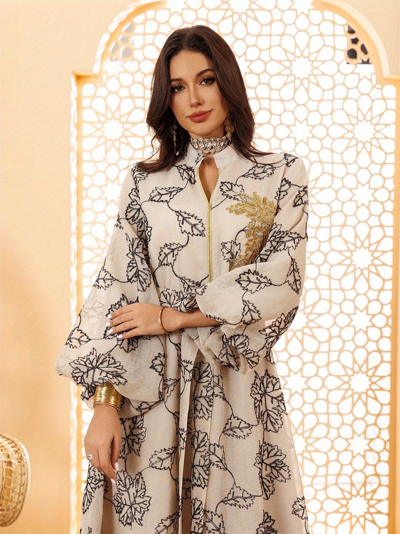 Dubai Floral Embroidery Belted Dress Belt included Lantern Sleeve/MH
