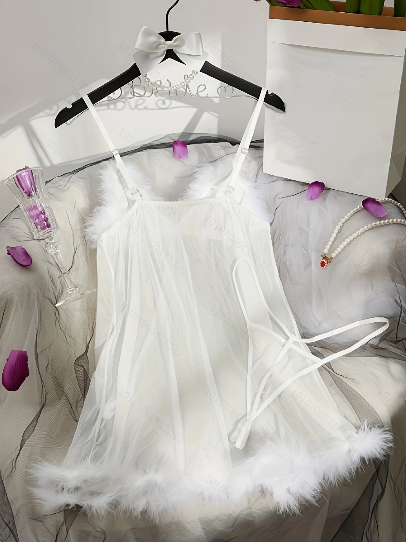 Solid Fuzzy Trim Lingerie Set, Deep V Mesh Semi Sheer Dress & Thong, /MH