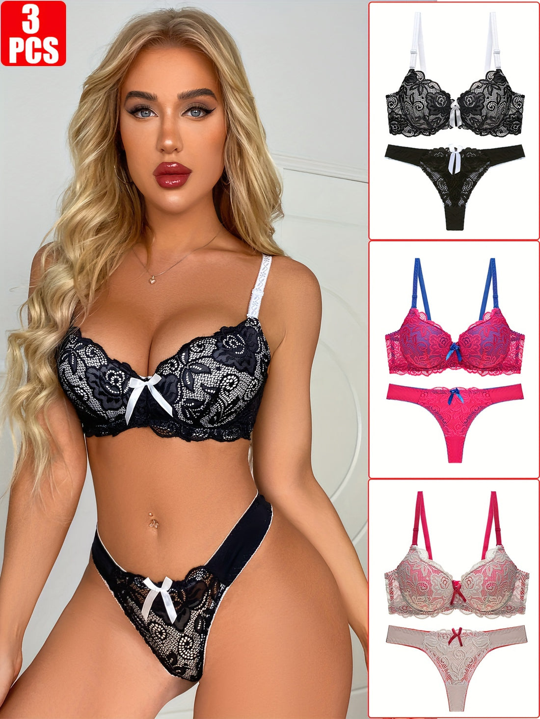 3sets Sexy Bow Decor Bra & Floral Lace Panty, /MH