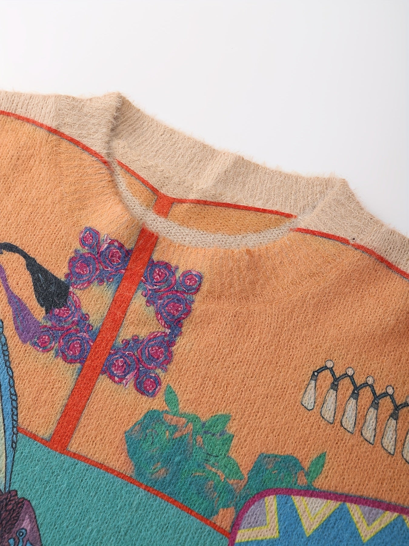 A Cartoon Vintage Animal-Themed Sweater Featuring a Saddle Pattern,
