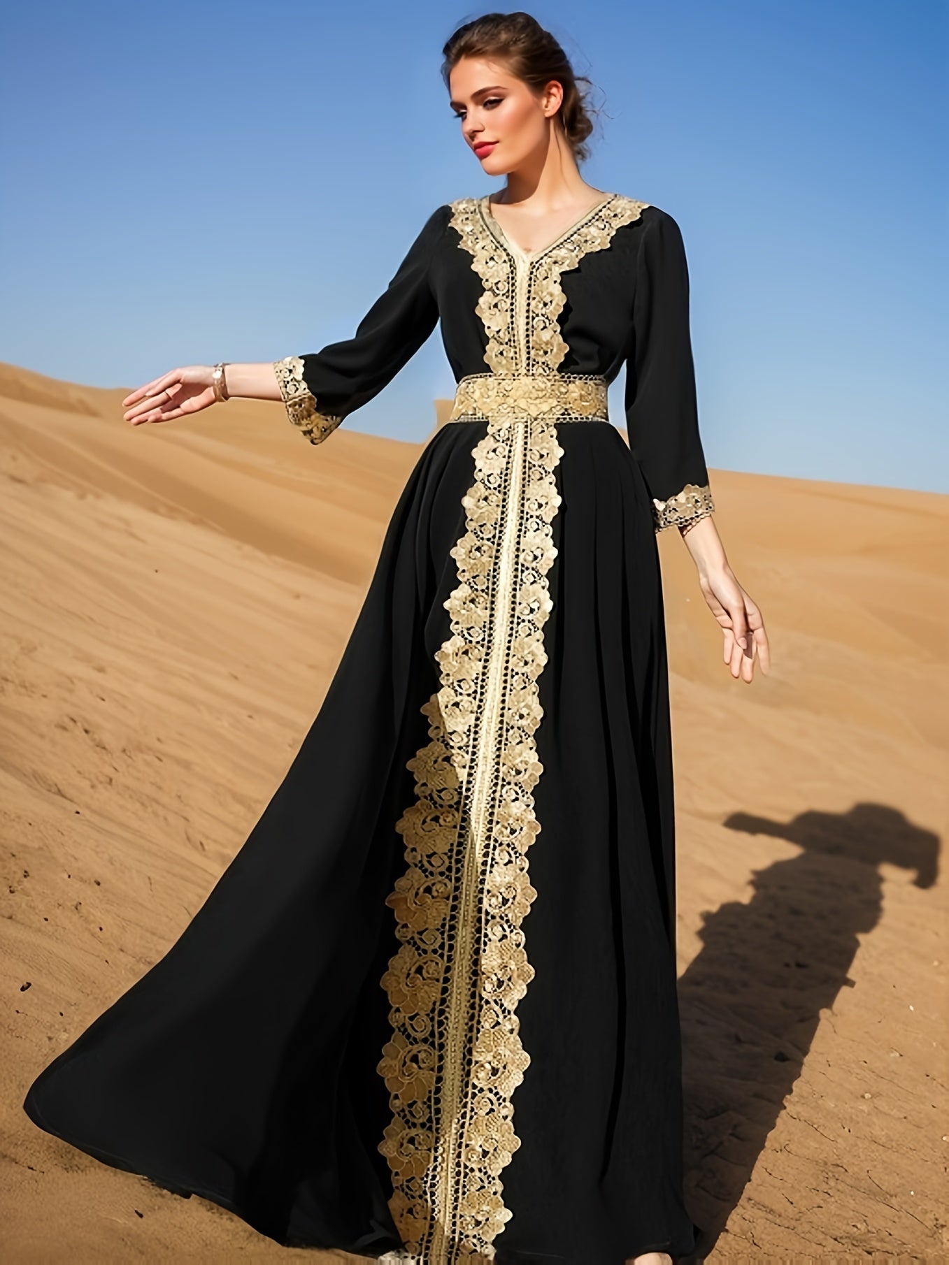Ramadan Lace Trim V Neck Kaftan, Elegant Long Sleeve 'MH