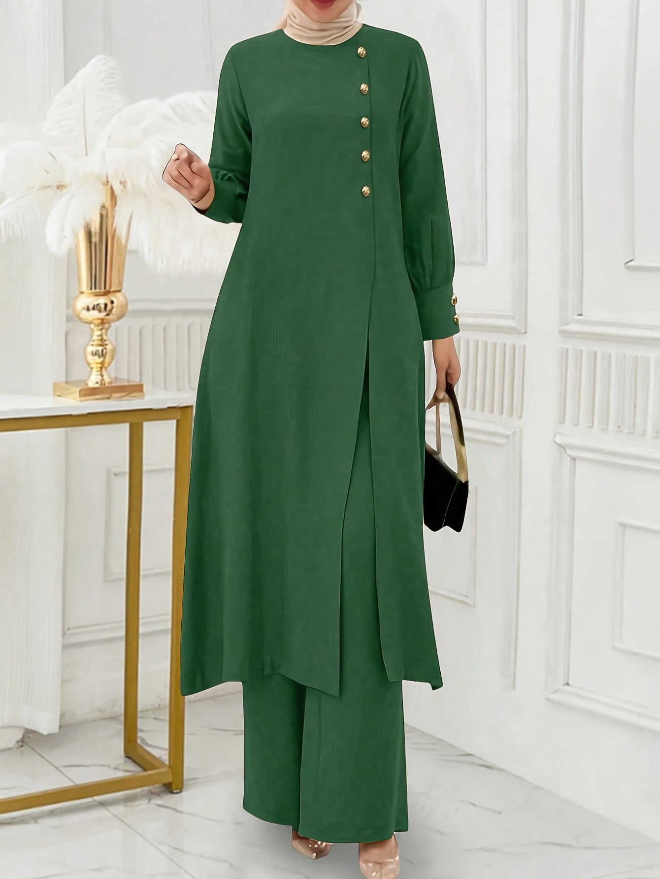 Solid Color Button Design Long Sleeve Top and Pants Set, Arabic Style,/MH
