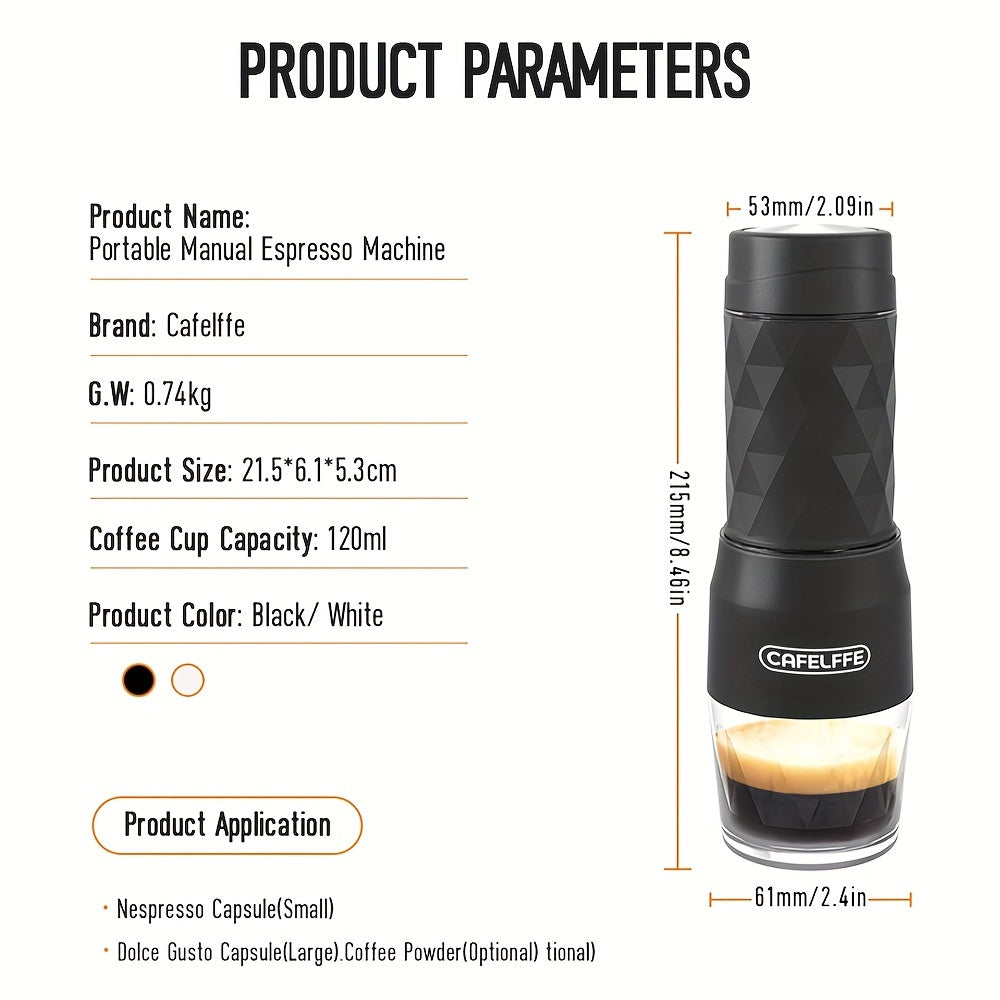 Cafelffe 3in 1 Portable Coffee Machine Manual Capsule Espresso Machine Non-heating, Non-electric, Suitable for Nespresso Capsules, Dolce Gusto Capsules and Grind Coffee, Suitable for Car, Travel, Office, Camping and Hiking, T