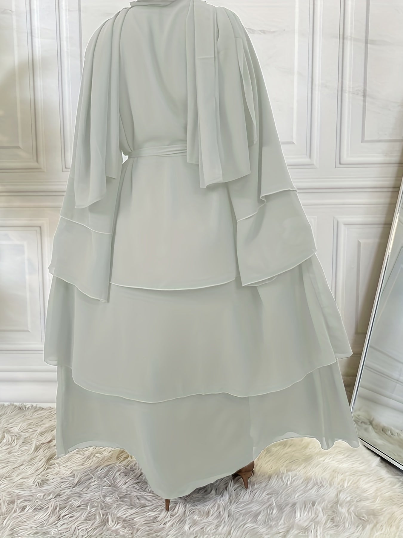 Layered Open Front Modest Dress, Long Sleeve Muslim Dress'/MH
