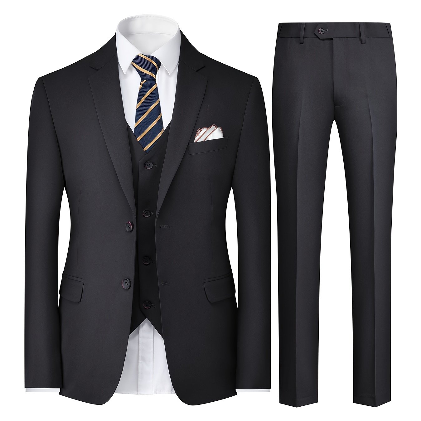 3-Piece Men's Solid Color Suit Set, Blazer Jacket + Vest + Pants,