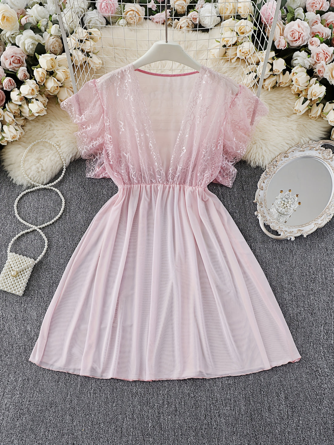 Women's Sexy Lace Trim Nightgown - Soft Pink Contrast,Nightgown,/MH