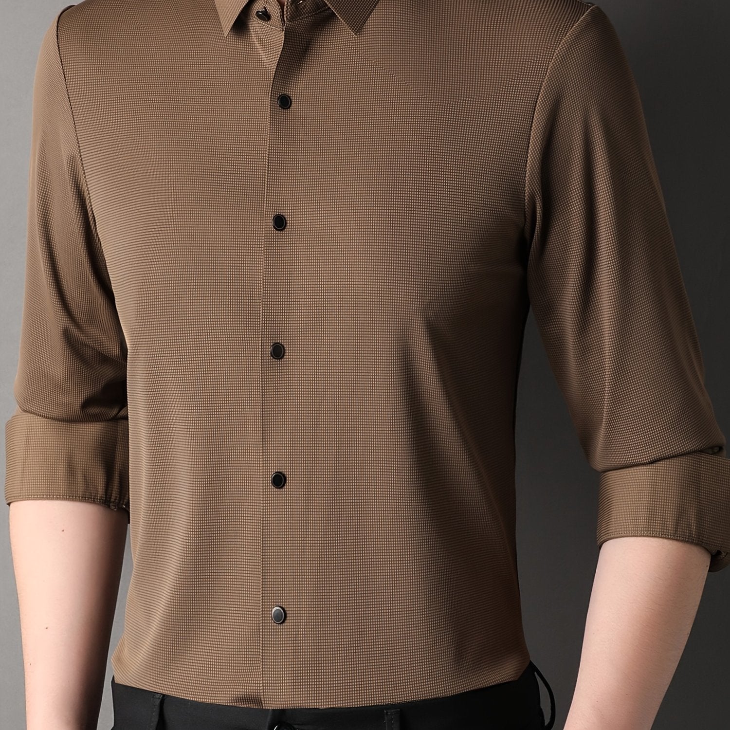 Men's Solid Lapel Collar Design Dress Shirts, Long Sleeve Casual Button.
