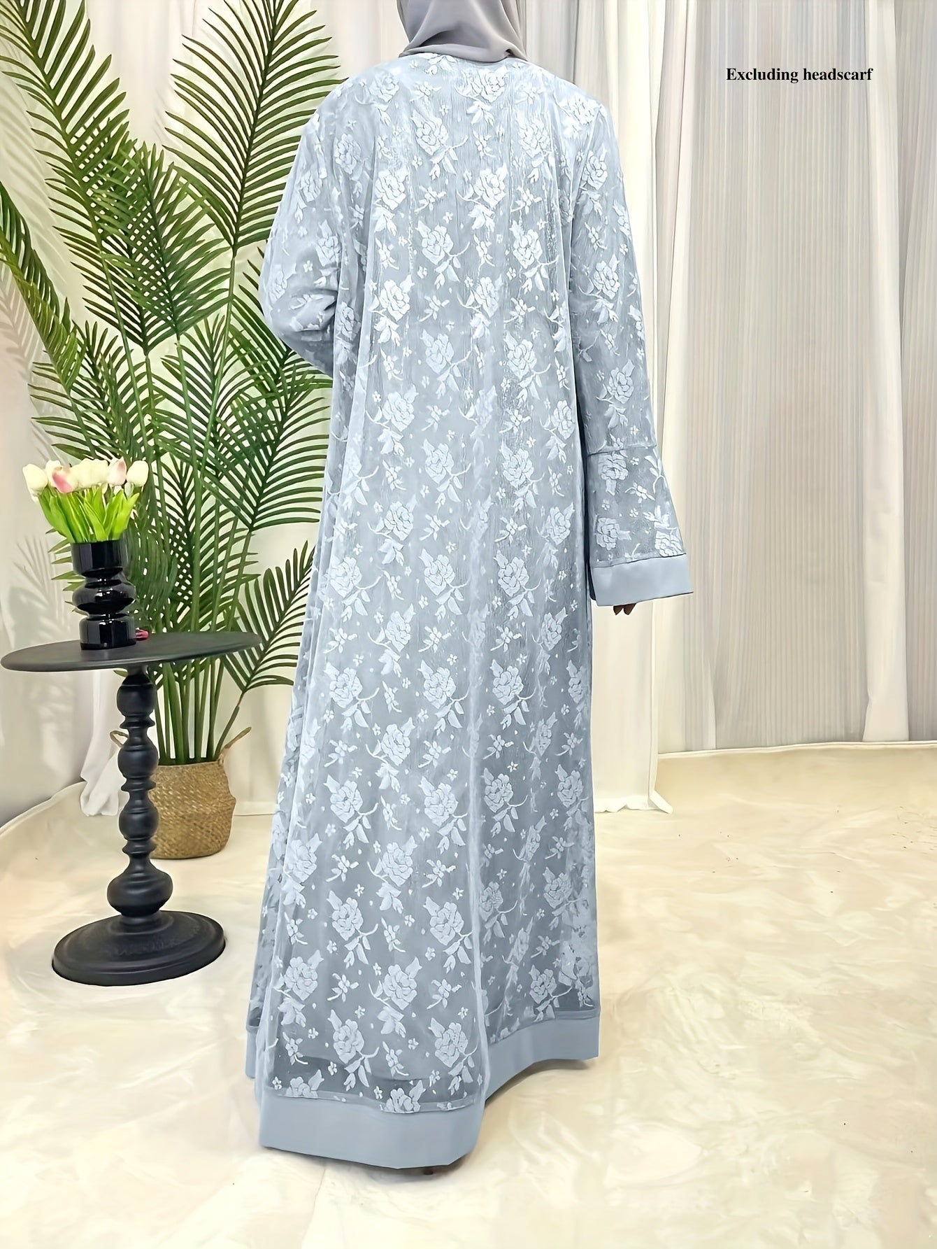 Cultural Grace, Elegant Light Blue Floral Abaya Set - /MH