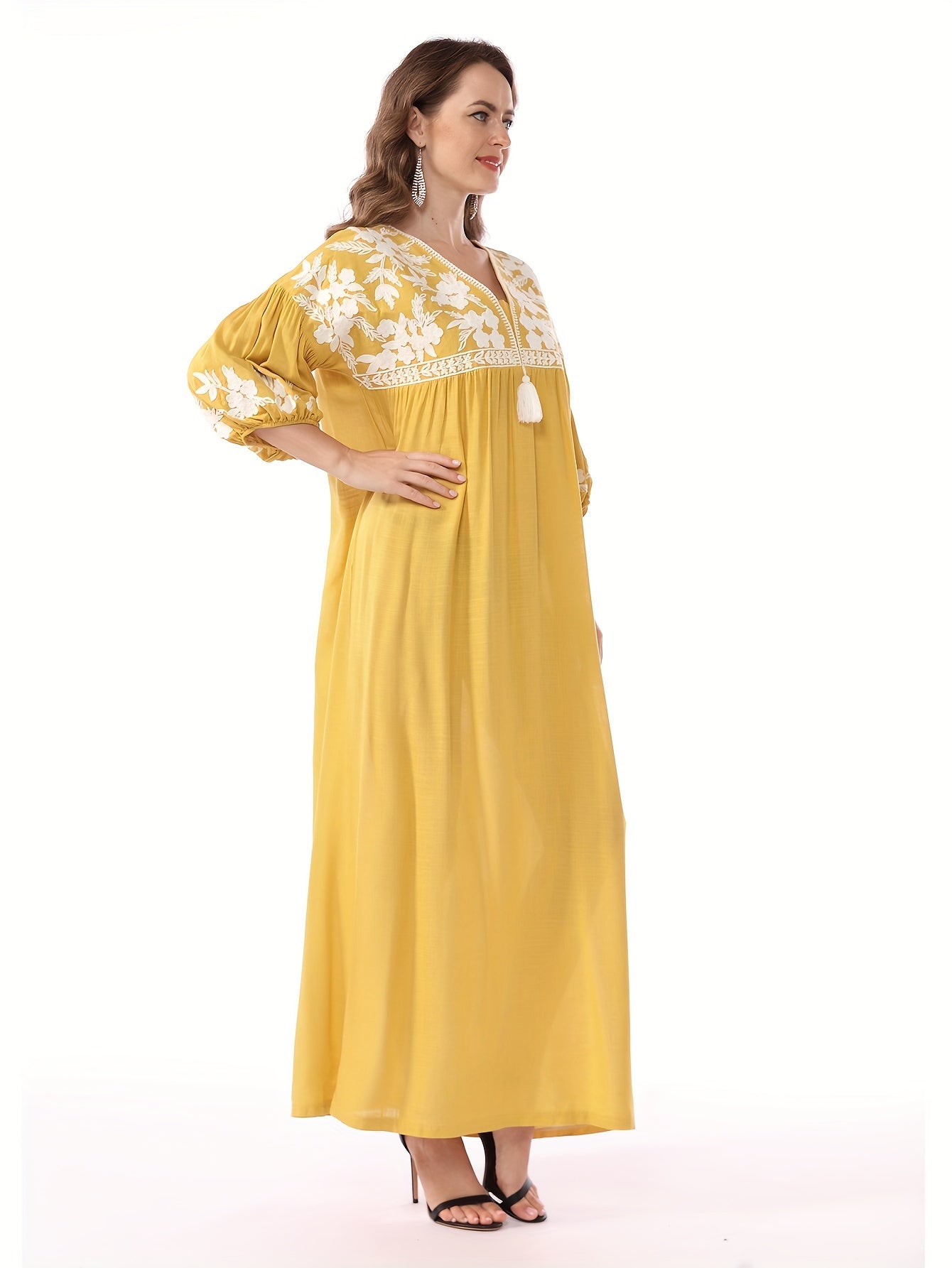 Themed Green Dress with White Floral Embroidery - ./MH