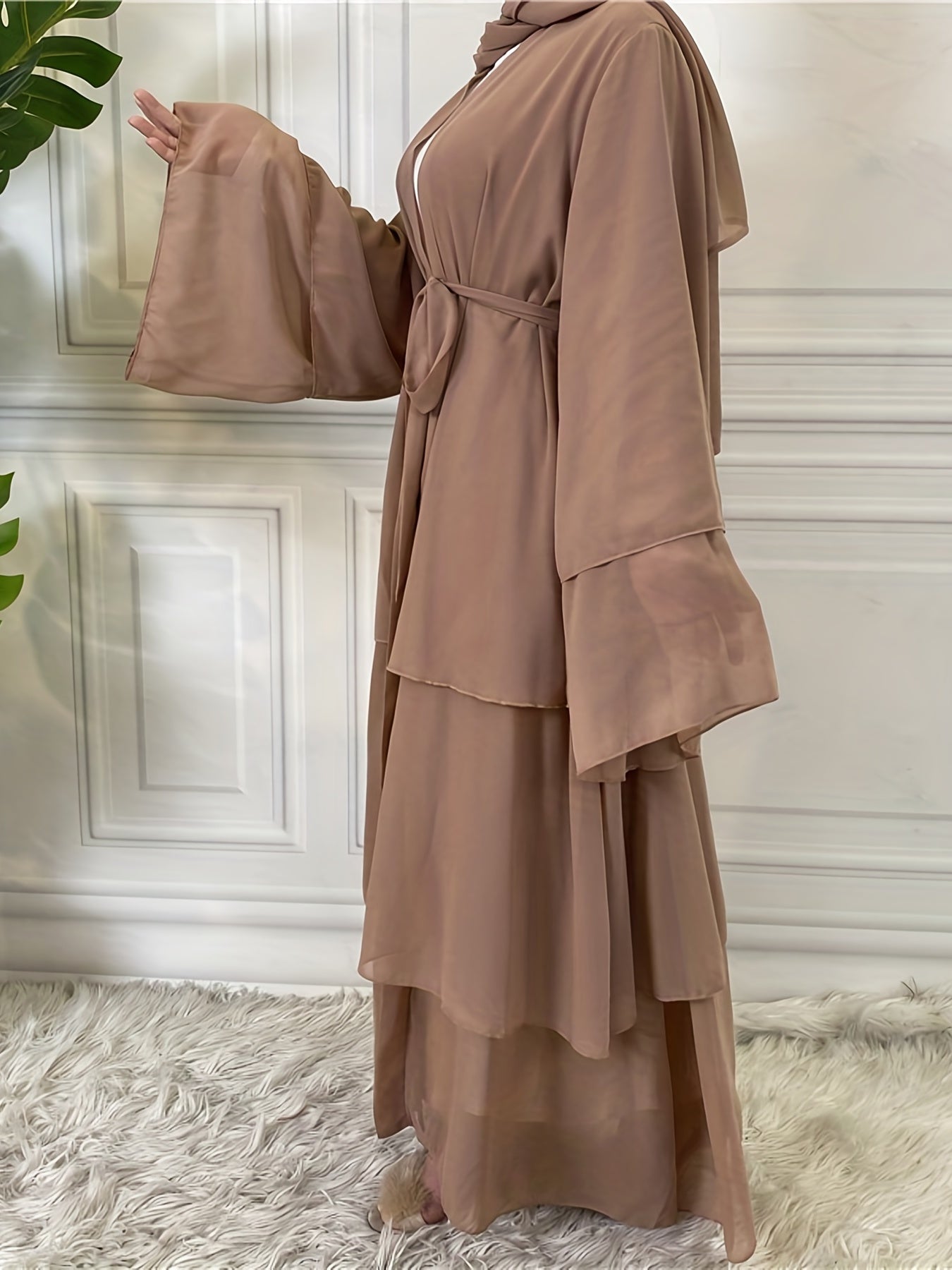 Layered Open Front Modest Dress, Long Sleeve Muslim Dress'/MH