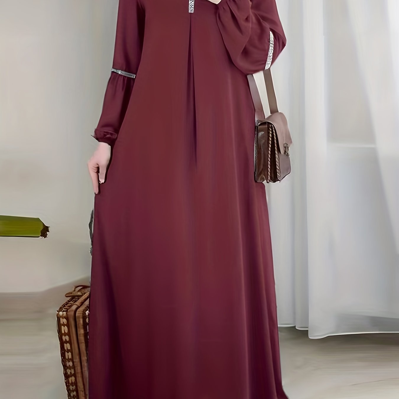 Crew Neck Lantern Sleeve Kaftan Dress, /MH