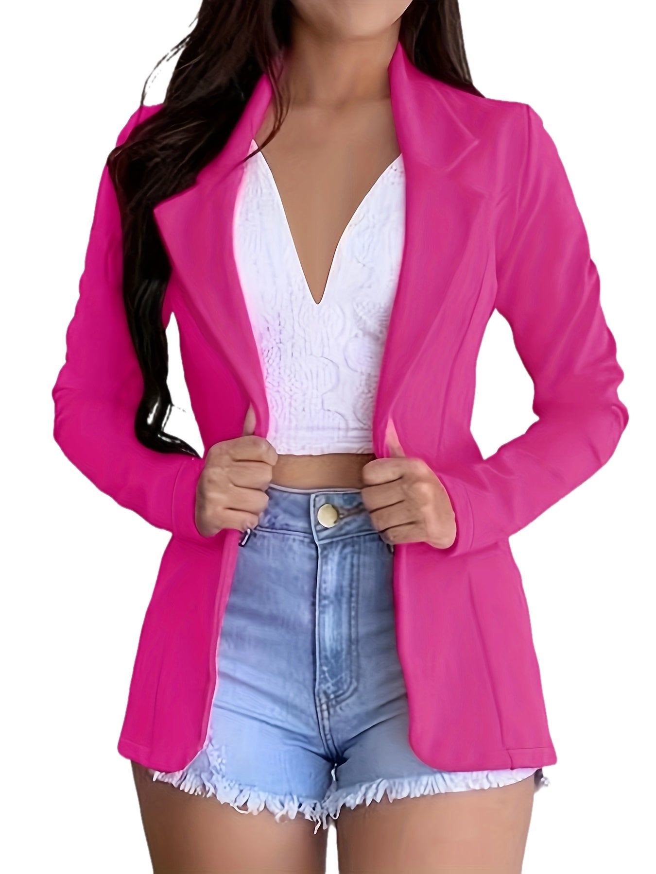 Solid Lapel Button Long Sleeve Blazer Jacket, Casual Loose .