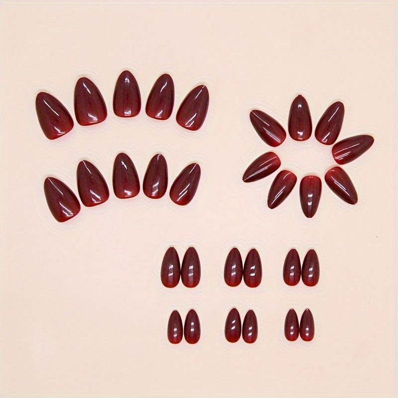 24pcs Glossy Red Press On Nails Minimalist Style Fake Nails Medium Almond Wine Red False Nails Full Cover Acrylic Nails For Women Girls Daily Wear