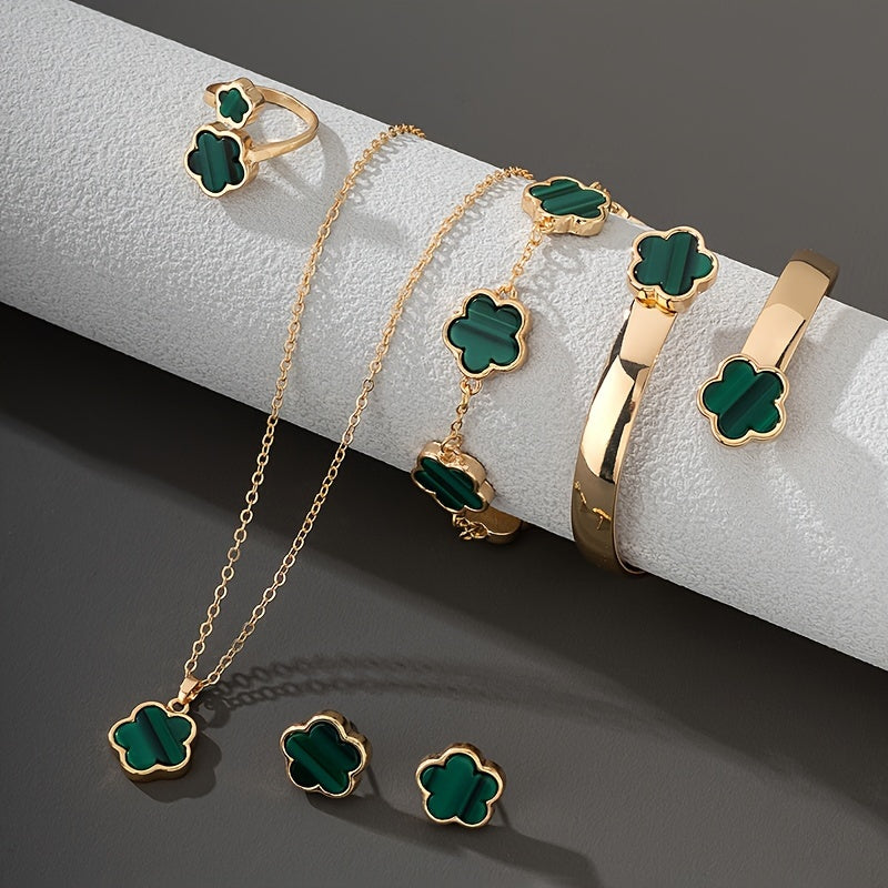 1 Pair Stud Earrings + 1 Pc Necklace + 1 Pc Bracelet + 1 Pc Bangle + 1 Pc Ring - Lucky Flower Design Alloy Jewelry Set for Women -