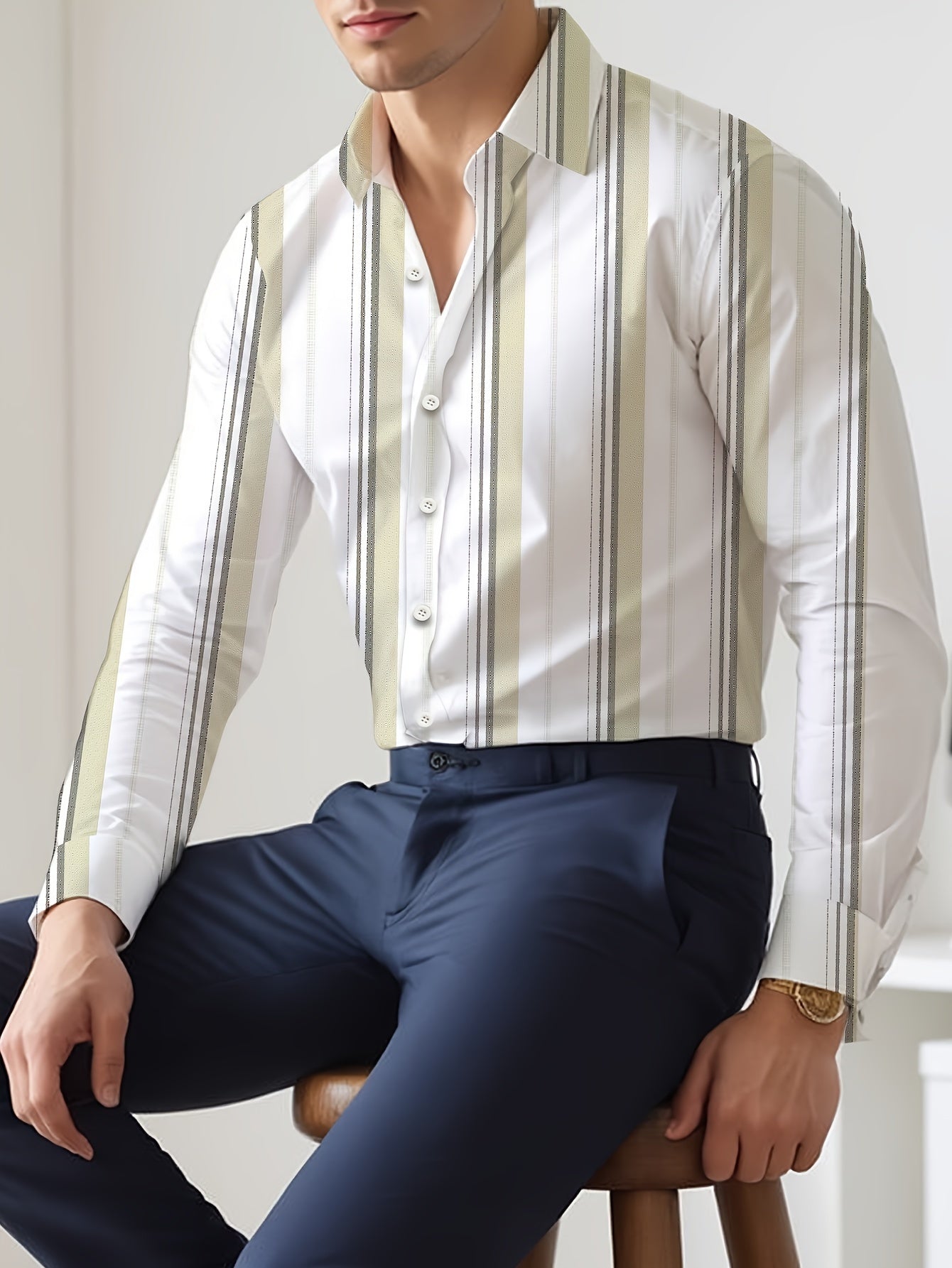 Men's Striped Lapel Collar Dress Shirts, Long Sleeve .