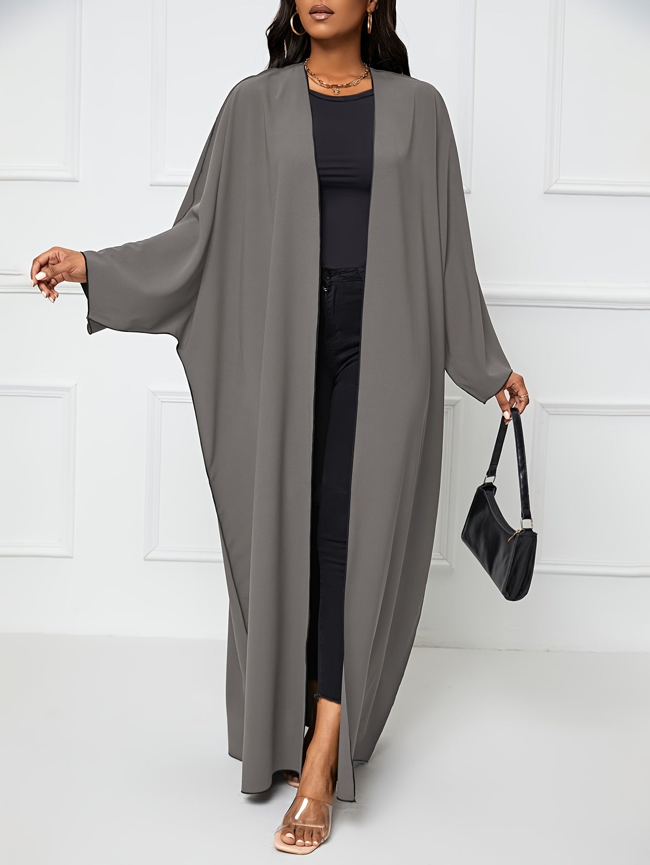 Solid Crew Neck Long Sleeve Kaftan Dress, /MH