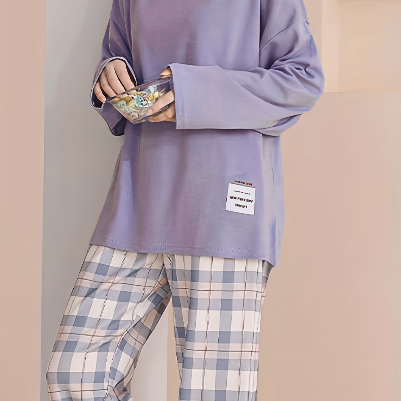 Plaid Print Crew Neck Pajamas Set,