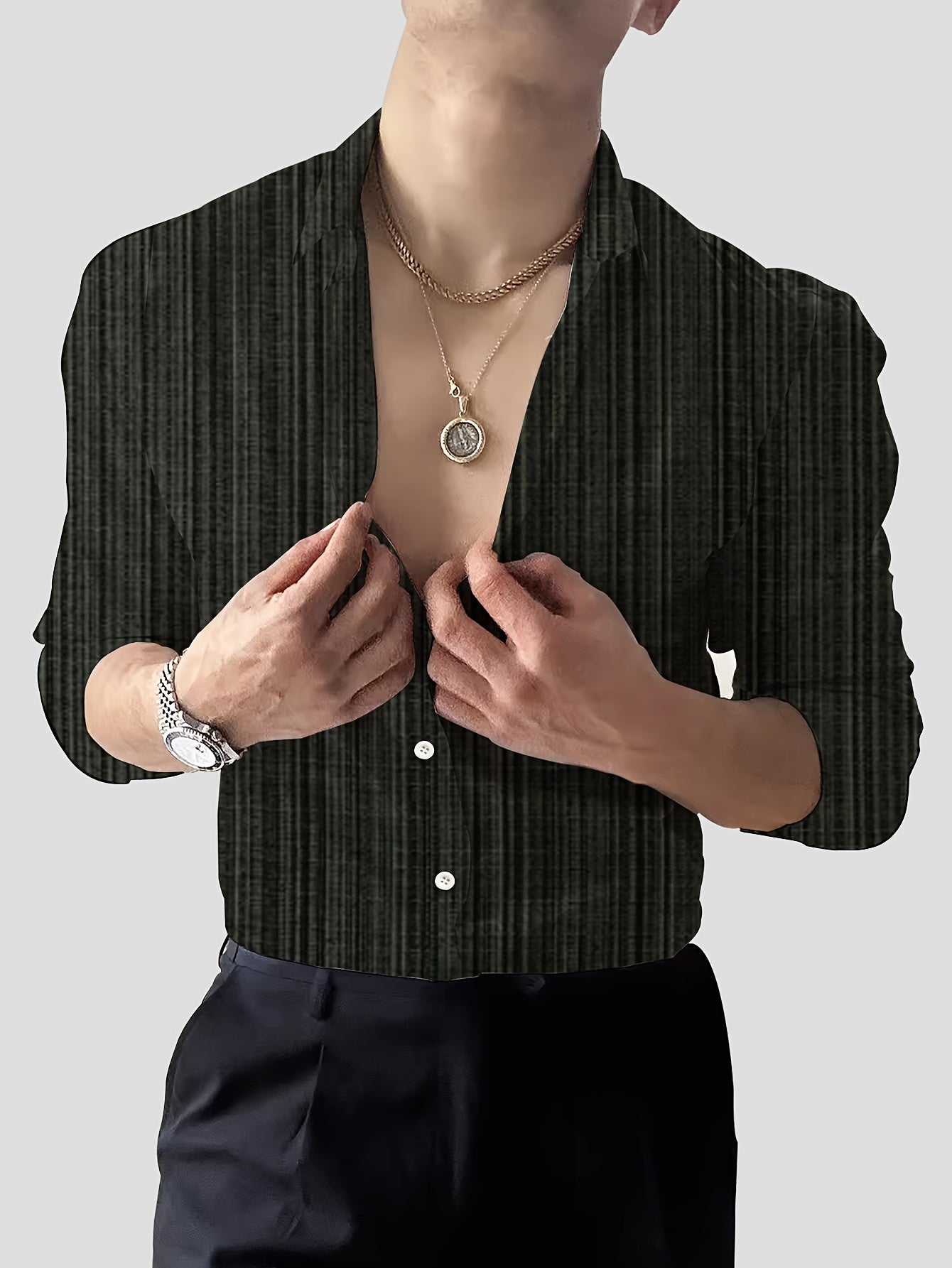 Men's Striped Lapel Collar Dress Shirts, Long Sleeve .