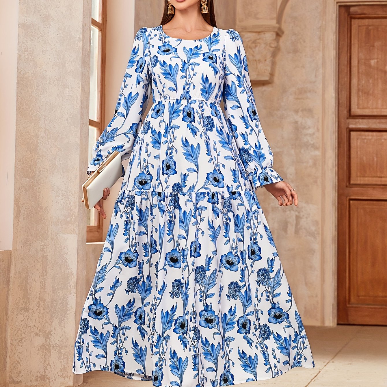 Floral Print Crew Neck Kaftan Dress, /MH