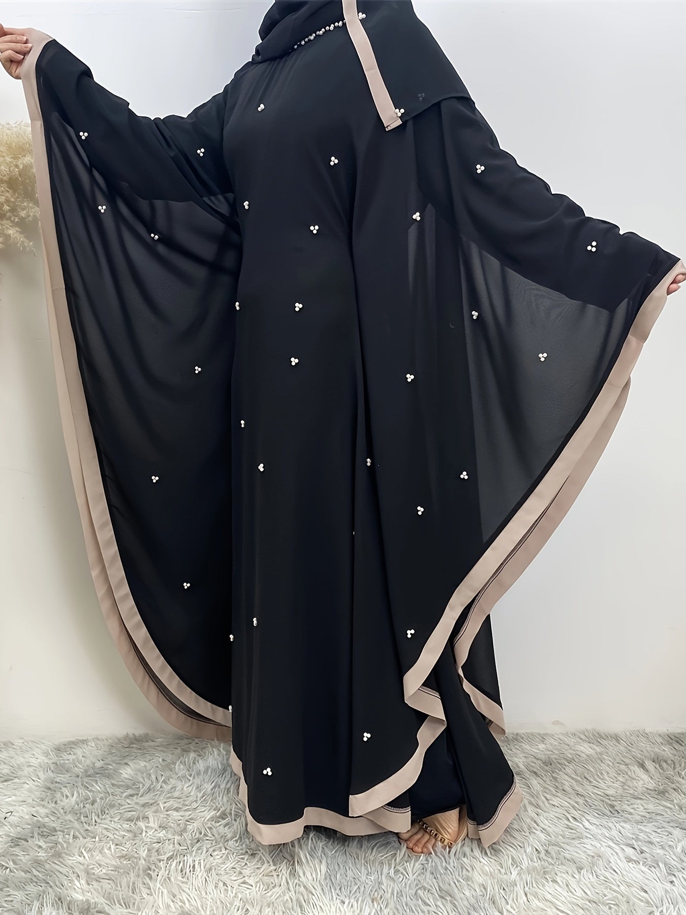 Beaded Contrast Trim Modest Dress, Elegant Batwing Sleeve Loose Maxi '/MH